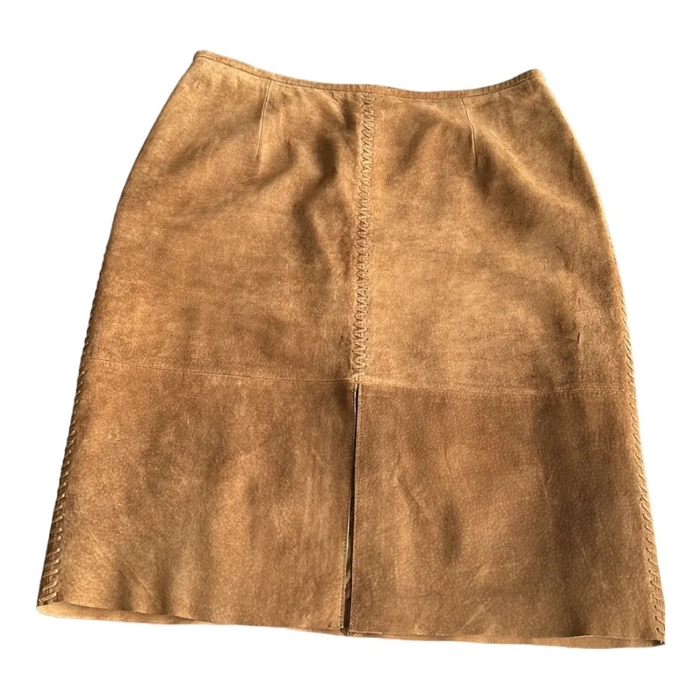 MARGARET GODFREY‎ Suede Leather Skirt Western Cognac Brown, Size 14